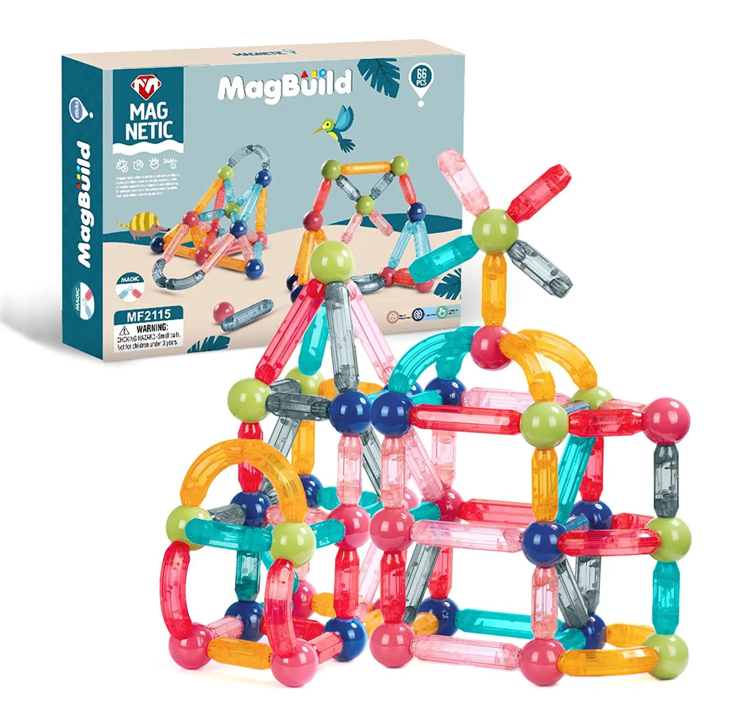 MagBuild 66pcs Magnetic Sticks and Balls Set, Magnetic Rods and Balls Toy