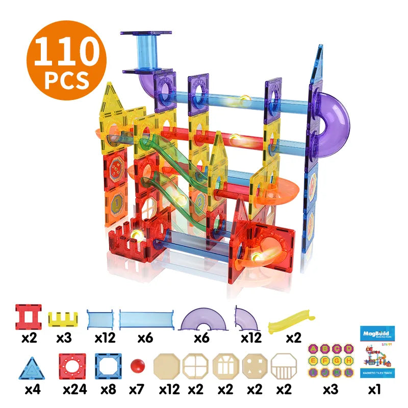 Puzzle toy magnet block set with 110 transparent luminous pipes