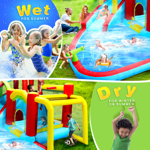 7 in1 Inflatable slide water park bouncing house outdoor Soccer garden bouncer with Splash pool & Water gun & Climbing wall & Basketball & Football