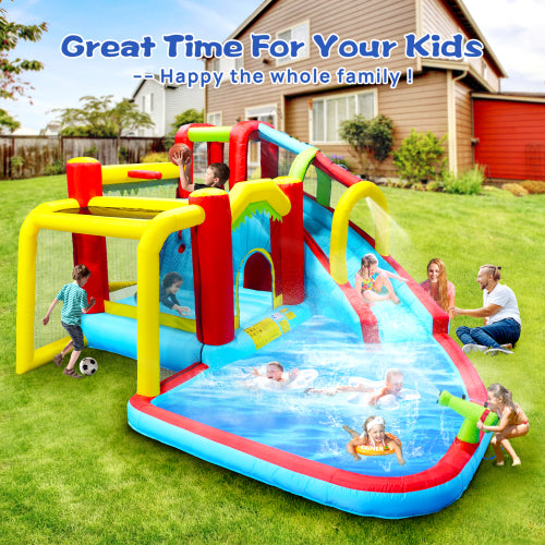 7 in1 Inflatable slide water park bouncing house outdoor Soccer garden bouncer with Splash pool & Water gun & Climbing wall & Basketball & Football
