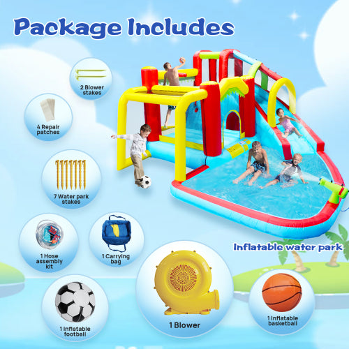 7 in1 Inflatable slide water park bouncing house outdoor Soccer garden bouncer with Splash pool & Water gun & Climbing wall & Basketball & Football