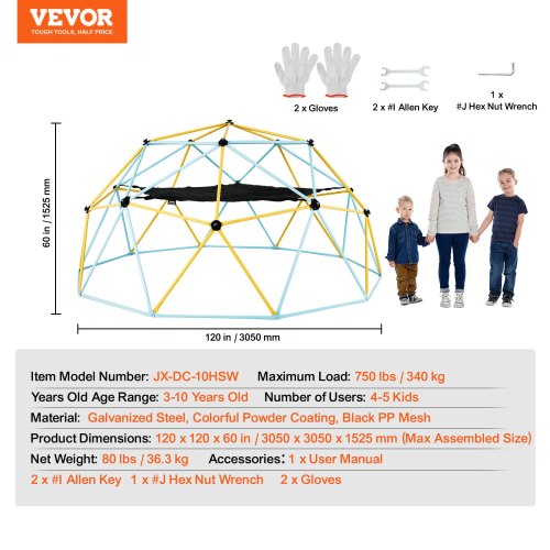 Climbing Dome, for Kids 3 to 10 Years Old,10FT Geometric Dome Climber with Hammock and Swing, Jungle Gym Supports 750LBS and Easy Assembly, with Climbing Grip, Outdoor Backyard Play Equipment