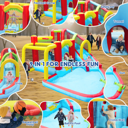 7 in1 Inflatable slide water park bouncing house outdoor Soccer garden bouncer with Splash pool & Water gun & Climbing wall & Basketball & Football