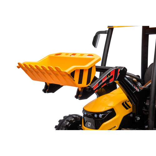 24V Kids Ride on Tractors with Parent Remote Control, Pedal Tractors with Working Loader and Backhoe Digger, Kids' Ride on Car Toys 24V Battery Powered Electric Vehicles with Trailer, Digger (Yellow)
