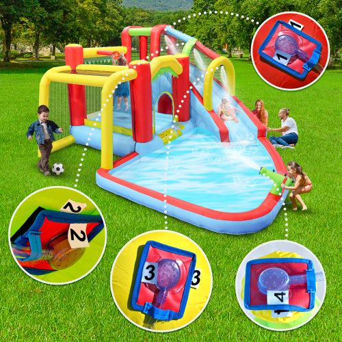 7 in1 Inflatable slide water park bouncing house outdoor Soccer garden bouncer with Splash pool & Water gun & Climbing wall & Basketball & Football
