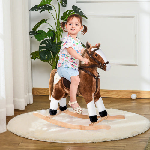 Qaba Kids Plush Toy Rocking Horse Pony Toddler Ride on Animal for Girls Pink Birthday Gifts with Realistic Sounds, Brown