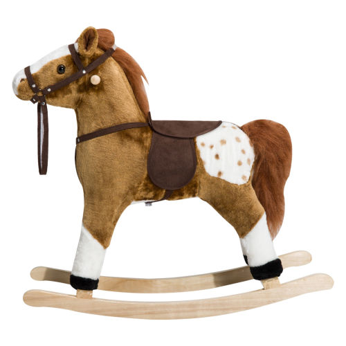 Qaba Kids Plush Toy Rocking Horse Pony Toddler Ride on Animal for Girls Pink Birthday Gifts with Realistic Sounds, Brown